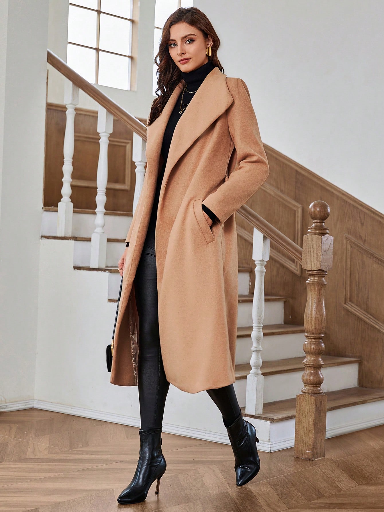 Waterfall Collar Slant Pocket Belted Overcoat